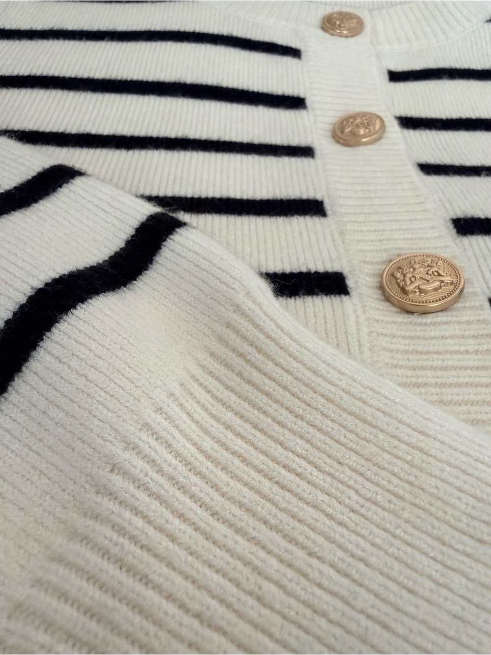 Cyrus | Lady Sweater | Cream & Black Breton Stripe Cardigan | Gold Buttons | S - Picture 4 of 12